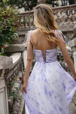 Vestido Largo de Dama de Honor en Flor de Lavanda, Tipo A con Tirantes Finos y Abertura