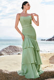 Vestido de dama de honor largo con volantes y volantes de gasa floral sirena verde con encaje