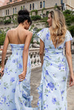 Vestido Largo de Invitada de Boda con Estampado Floral Azul, Tipo A, Plisado y Sin Tirantes