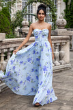 Vestido Largo de Invitada de Boda con Estampado Floral Azul, Tipo A, Plisado y Sin Tirantes