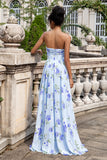 Vestido Largo de Invitada de Boda con Estampado Floral Azul, Tipo A, Plisado y Sin Tirantes