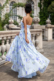 Vestido Largo de Invitada de Boda con Estampado Floral Azul, Tipo A, Plisado y Sin Tirantes