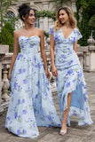 Vestido Largo de Invitada de Boda con Estampado Floral Azul, Tipo A, Plisado y Sin Tirantes