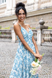 Vestido de Fiesta Largo en Blanco con Estampado Azul, A Línea y Escote Corazón