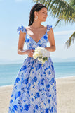 Vestido de dama de honor de gasa floral azul A Line con hombros descubiertos