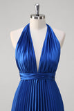 Vestido de fiesta largo plisado halter azul real