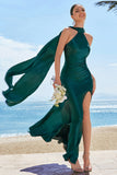 Vestido de dama de honor largo de satén halter de sirena verde oscuro con serpentina