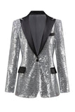 Blazer de fiesta para mujer con solapa de pico negro plateado brillante