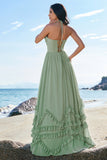 Vestido de dama de honor de gasa largo con volantes con corsé halter de línea Dusty Sage A-Line