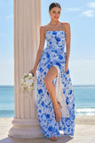 Vestido largo de dama de honor con tirantes de espagueti florales azules con abertura