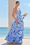 Vestido largo de dama de honor con tirantes de espagueti florales azules con abertura