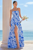 Vestido largo de dama de honor con tirantes de espagueti florales azules con abertura