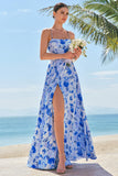 Vestido largo de dama de honor con tirantes de espagueti florales azules con abertura