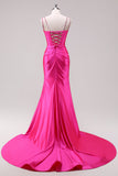 Fucsia Vestido de fiesta de lentejuelas de espagueti con abertura