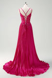 Vaina fucsia Tirantes de espagueti Vestido de fiesta largo plisado con apliques