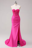 Corsé Fucsia Sirena Strapless Corsé Fruncido Vestido de Fiesta Largo con Abertura