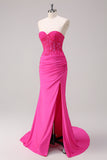 Corsé Fucsia Sirena Strapless Corsé Fruncido Vestido de Fiesta Largo con Abertura