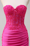 Corsé Fucsia Sirena Strapless Corsé Fruncido Vestido de Fiesta Largo con Abertura