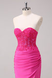 Corsé Fucsia Sirena Strapless Corsé Fruncido Vestido de Fiesta Largo con Abertura