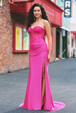 Corsé sin tirantes con apliques de sirena Vestido de fiesta fucsia largo con abertura