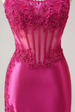 Corsé sin tirantes de sirena fucsia brillante con apliques Vestido de fiesta largo con abertura