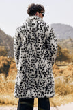 Blanco Negro Estampado de piel sintética Leopardo con cuello medio Abrigo de hombre