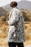 Blanco Negro Estampado de piel sintética Leopardo con cuello medio Abrigo de hombre