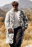 Blanco Negro Estampado de piel sintética Leopardo con cuello medio Abrigo de hombre