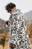 Blanco Negro Estampado de piel sintética Leopardo con cuello medio Abrigo de hombre