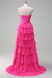 Fucsia A Line Strapless Corsé Vestido de Fiesta Escalonado con Volantes