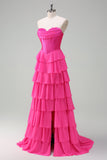 Fucsia A Line Strapless Corsé Vestido de Fiesta Escalonado con Volantes