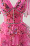 Fucsia A Line Ruffle V-Escote Vestido de Fiesta Floral Escalonado con Abertura