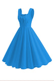 Vestido midi evasé azul con cuello cuadrado de la década de 1950