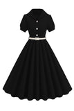 Vestido midi midi de 1950 de manga corta y escote en V negro con cinturón