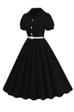 Vestido midi midi de 1950 de manga corta y escote en V negro con cinturón