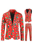 Traje de festival para hombre con estampado de árbol verde rojo de Navidad de 3 piezas