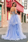 Azul claro brillante A Line Spaghetti Straps Spiral Ruffles Vestido largo de fiesta con lentejuelas