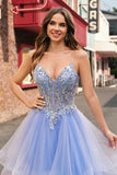 Azul claro brillante A Line Spaghetti Straps Spiral Ruffles Vestido largo de fiesta con lentejuelas