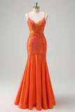 Vestido de fiesta largo con tirantes de espagueti de sirena naranja con cuentas