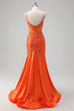 Vestido de fiesta largo con tirantes de espagueti de sirena naranja con cuentas