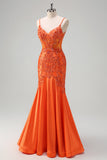 Vestido de fiesta largo con tirantes de espagueti de sirena naranja con cuentas