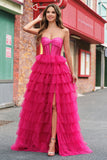 Princesa fucsia Strapless Cut Out Vestidos de Fiesta Largos de Tul Escalonado