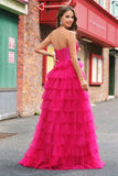 Princesa fucsia Strapless Cut Out Vestidos de Fiesta Largos de Tul Escalonado