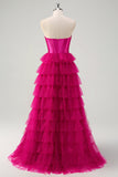 Lindo Fuchsia Sweetheart Ojo de cerradura Tul escalonado Princesa Vestidos de Fiesta Largos con Abertura