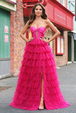 Princesa fucsia Strapless Cut Out Vestidos de Fiesta Largos de Tul Escalonado