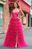 Princesa fucsia Strapless Cut Out Vestidos de Fiesta Largos de Tul Escalonado