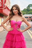 Princesa fucsia Strapless Cut Out Vestidos de Fiesta Largos de Tul Escalonado