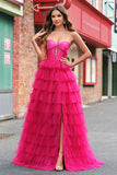 Princesa fucsia Strapless Cut Out Vestidos de Fiesta Largos de Tul Escalonado