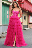 Princesa fucsia Strapless Cut Out Vestidos de Fiesta Largos de Tul Escalonado