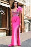 Vestido de fiesta largo con volantes extraíbles de un hombro fucsia sirena con abertura